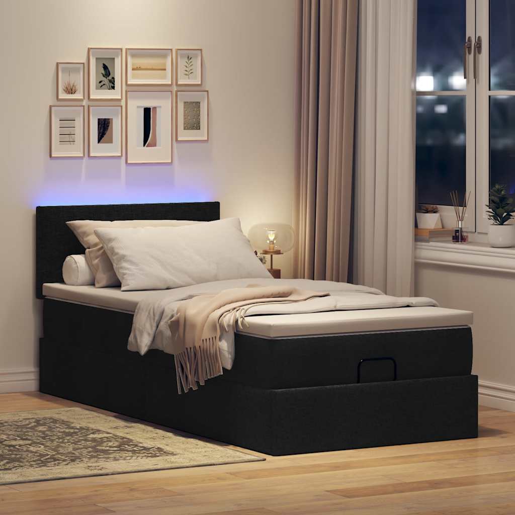 Οθωμανικό κρεβάτι με στρώμα & LEDs Μαύρο ύφασμα 90x190cm
