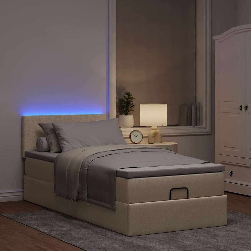 Οθωμανικό κρεβάτι με στρώμα & LEDs Cream 90x190cm ύφασμα