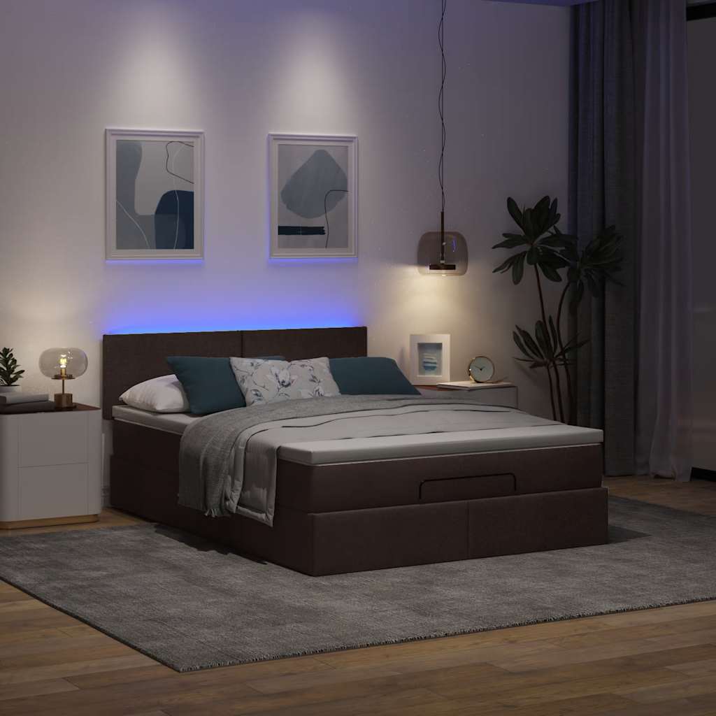 Οθωμανικό κρεβάτι με στρώμα & LEDs Σκούρο καφέ 140x200cm ύφασμα