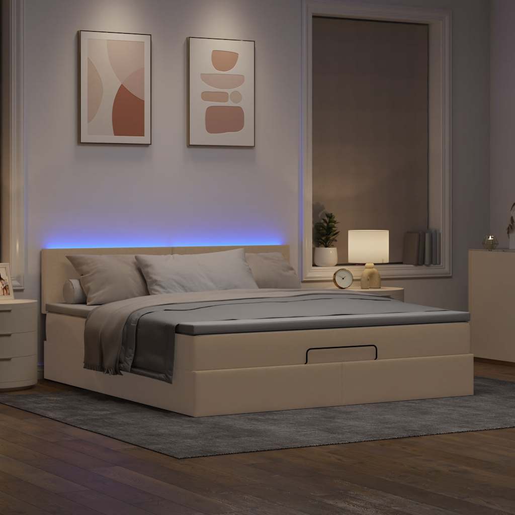 Οθωμανικό κρεβάτι με στρώμα & LEDs Cream 160x200cm ύφασμα