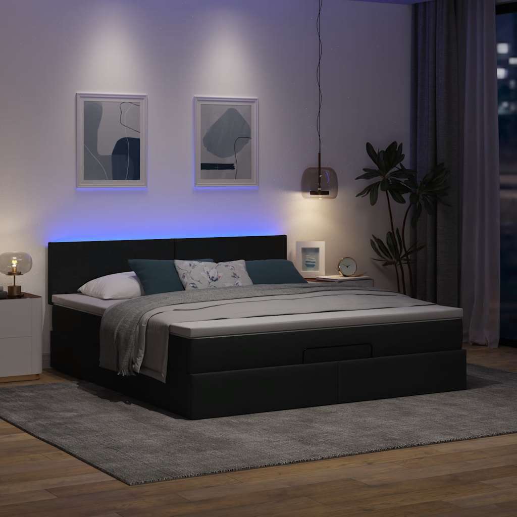 Οθωμανικό κρεβάτι με στρώμα & LEDs Σκούρο γκρι 180x200cm ύφασμα