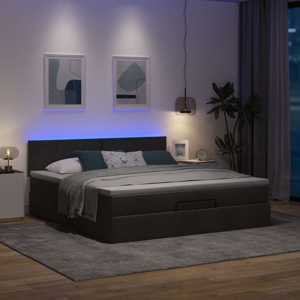 Οθωμανικό κρεβάτι με στρώμα & LEDs Μαύρο ύφασμα 180x200cm