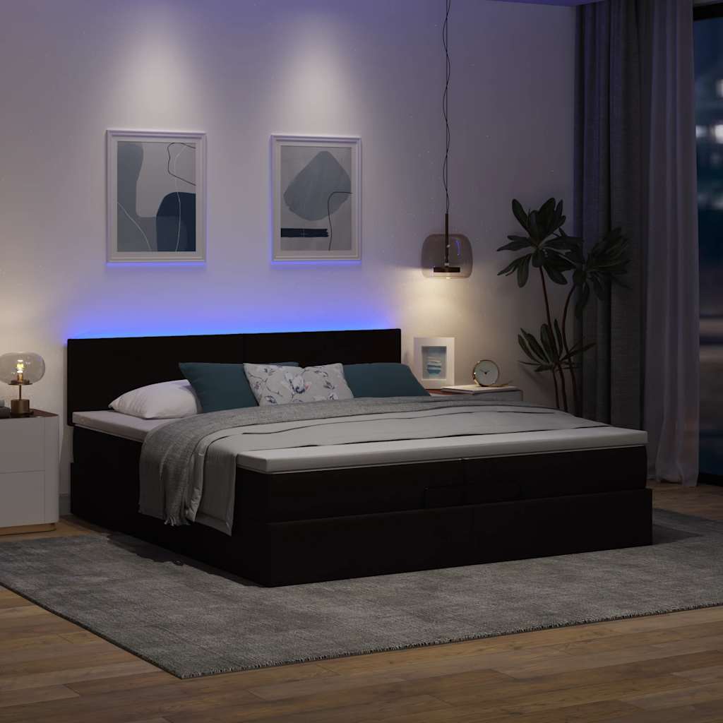 Οθωμανικό κρεβάτι με στρώματα&LEDs Σκούρο καφέ 200x200cm ύφασμα