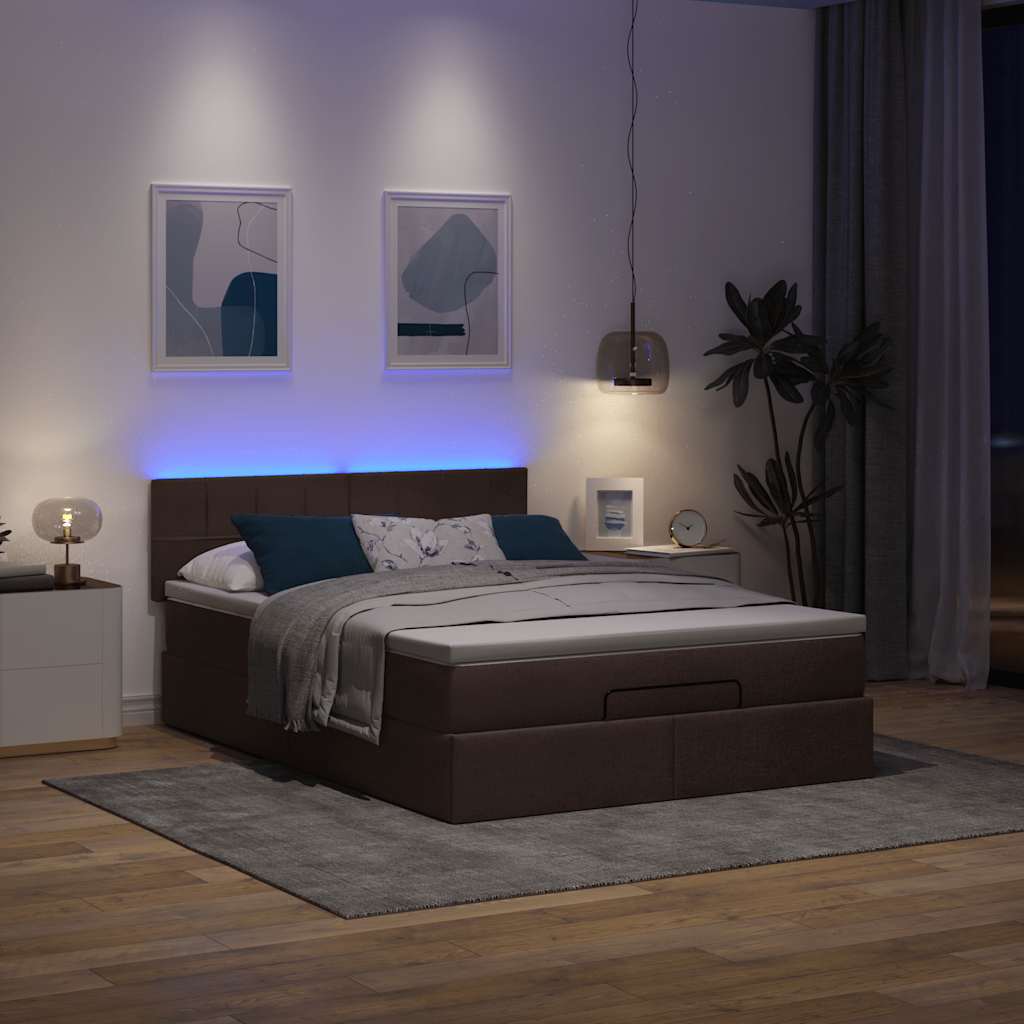 Οθωμανικό κρεβάτι με στρώμα & LEDs Σκούρο καφέ 140x200cm ύφασμα