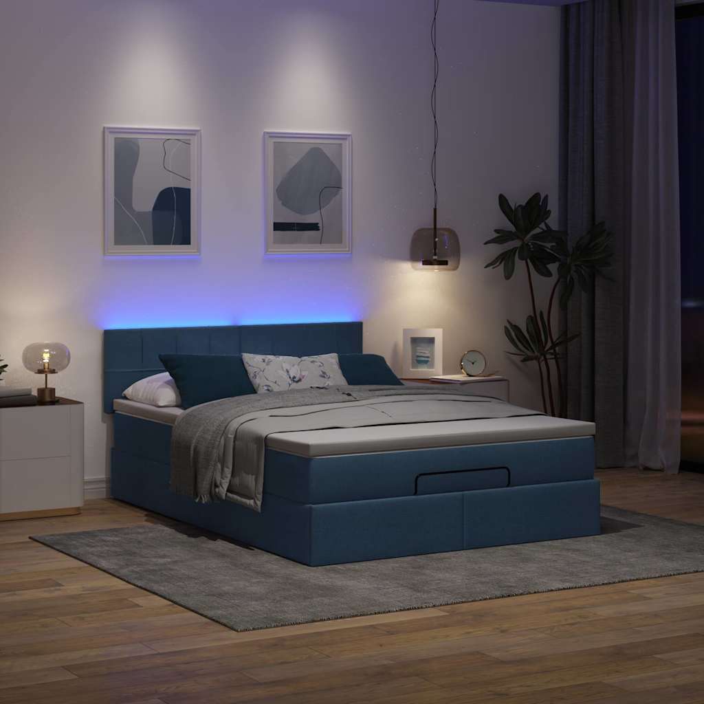 Οθωμανικό κρεβάτι με στρώμα & LEDs Μπλε 140x200cm ύφασμα