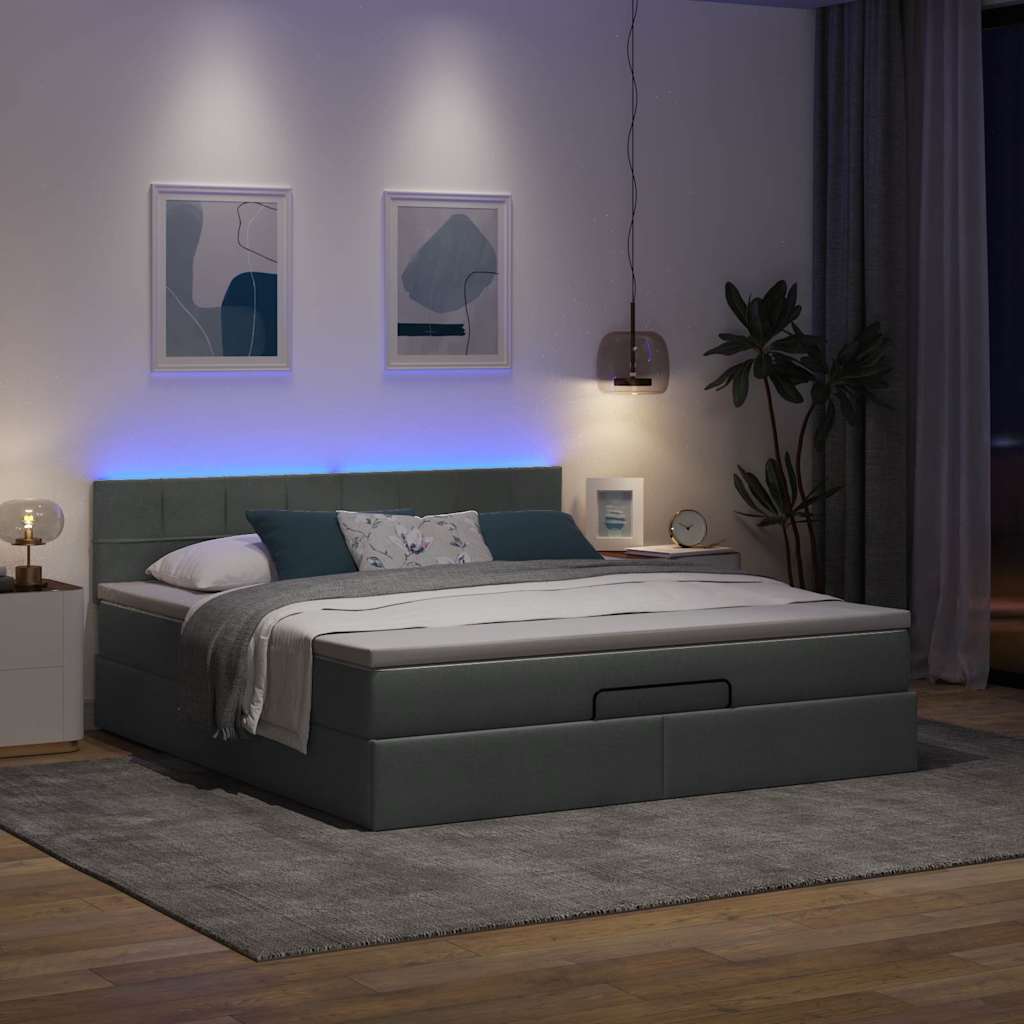 Οθωμανικό κρεβάτι με στρώμα & LEDs Σκούρο γκρι 160x200cm ύφασμα