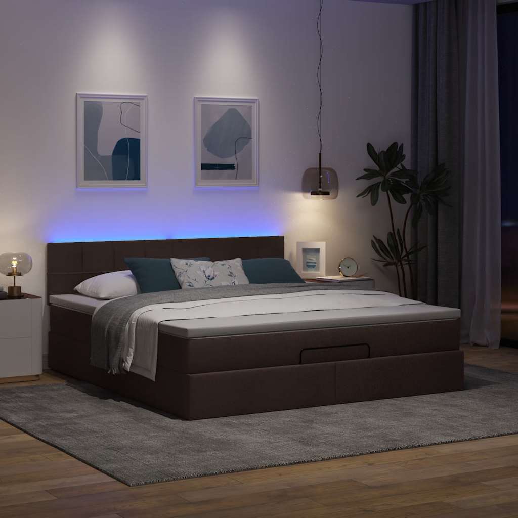 Οθωμανικό κρεβάτι με στρώμα & LEDs Σκούρο καφέ 180x200cm ύφασμα