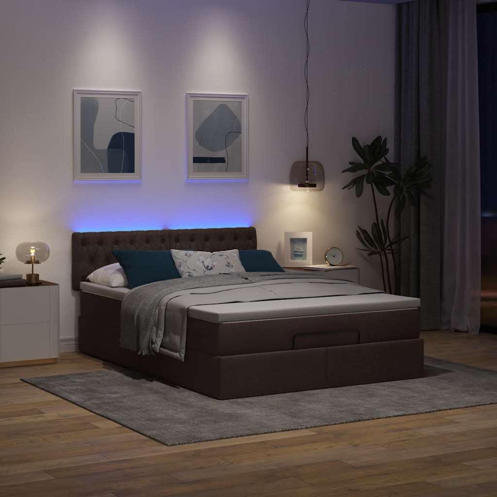 Οθωμανικό κρεβάτι με στρώμα & LEDs Σκούρο καφέ 140x200cm ύφασμα