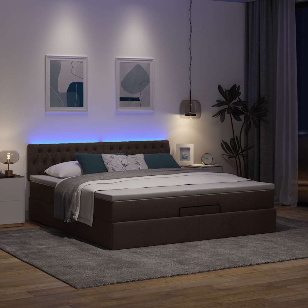 Οθωμανικό κρεβάτι με στρώμα & LEDs Σκούρο καφέ 160x200cm ύφασμα