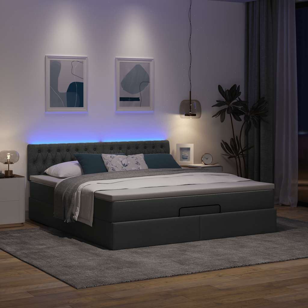 Οθωμανικό κρεβάτι με στρώμα & LEDs Σκούρο γκρι 180x200cm ύφασμα