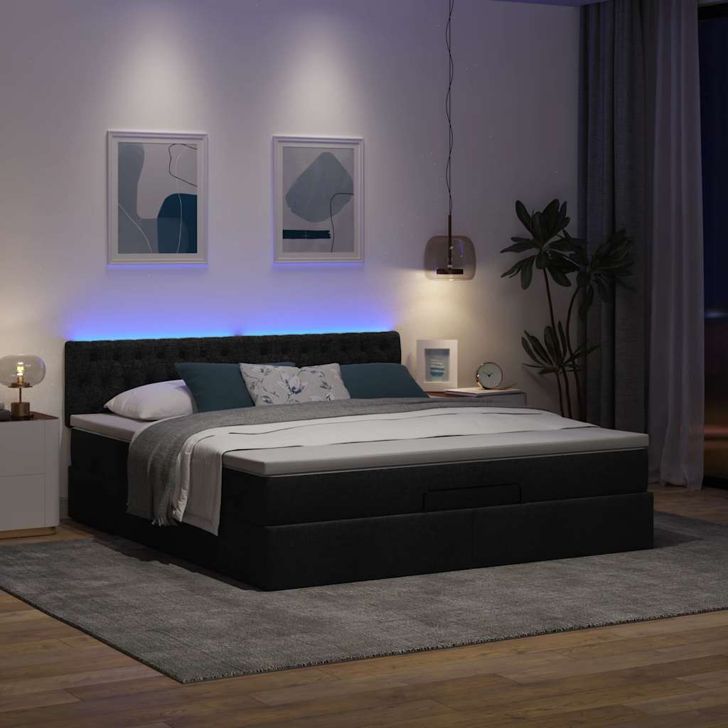 Οθωμανικό κρεβάτι με στρώμα & LEDs Μαύρο ύφασμα 180x200cm