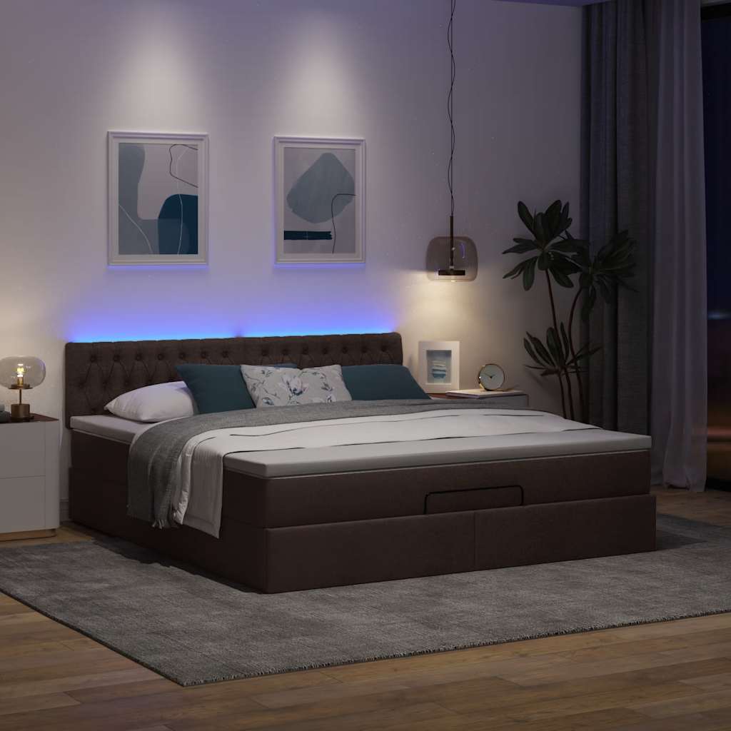 Οθωμανικό κρεβάτι με στρώμα & LEDs Σκούρο καφέ 180x200cm ύφασμα