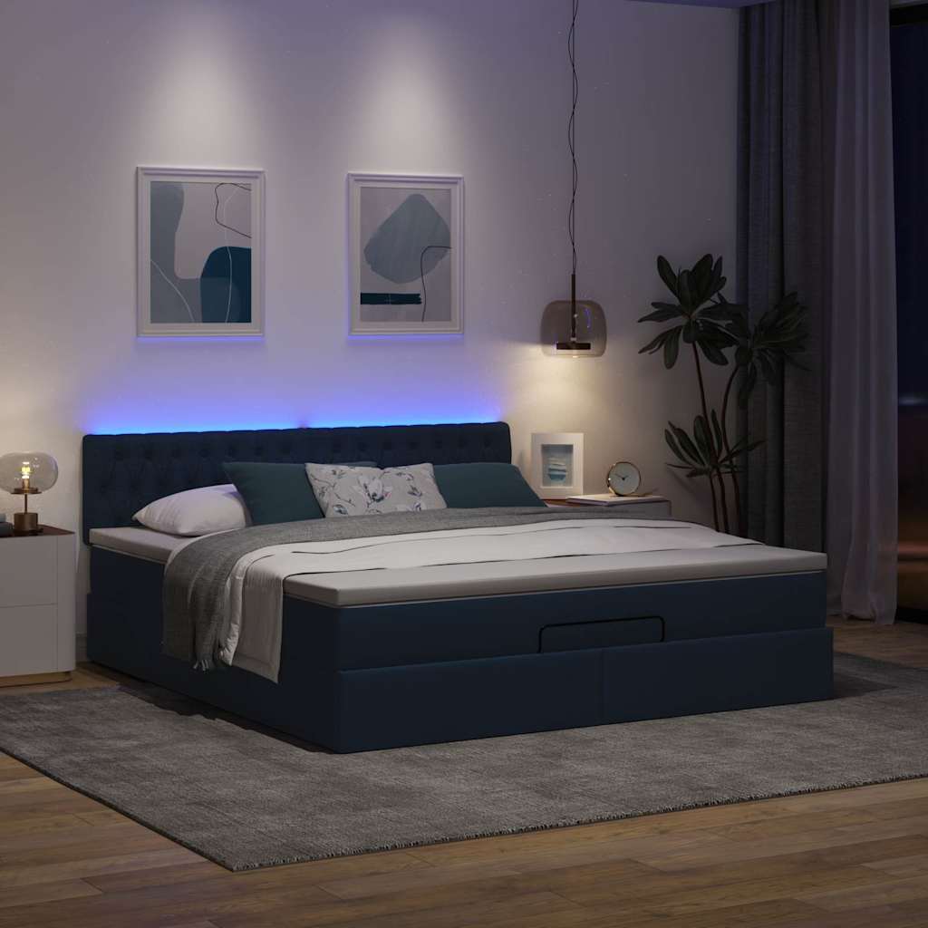 Οθωμανικό κρεβάτι με στρώμα & LEDs Μπλε 180x200cm ύφασμα