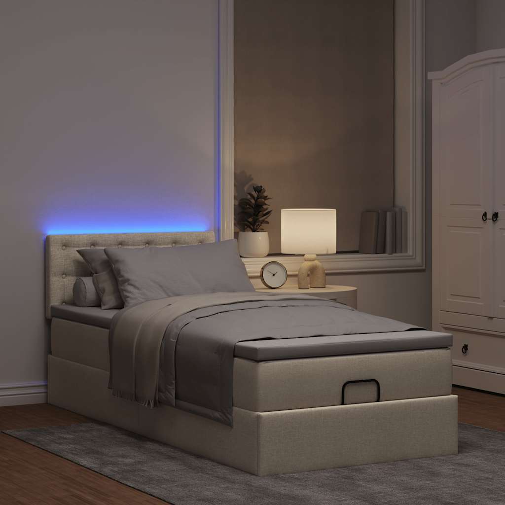 Οθωμανικό κρεβάτι με στρώμα & LEDs Cream 90x190cm ύφασμα