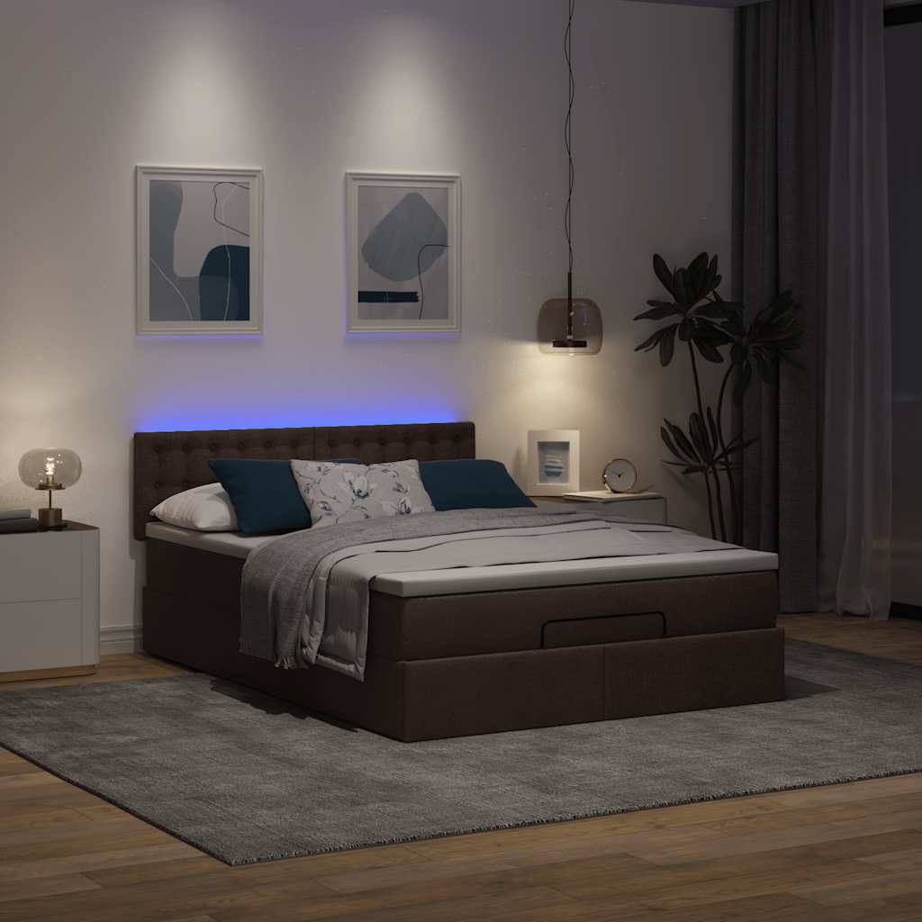 Οθωμανικό κρεβάτι με στρώμα & LEDs Σκούρο καφέ 140x200cm ύφασμα