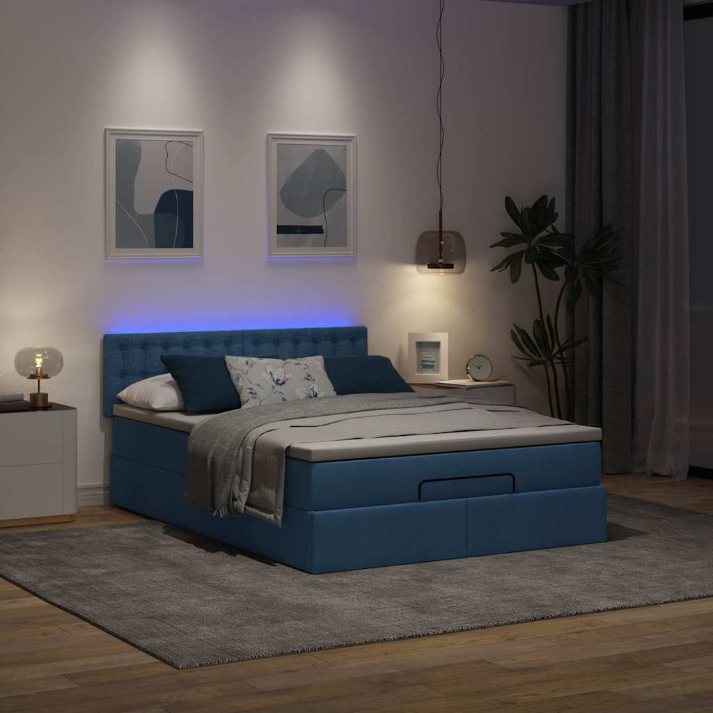Οθωμανικό κρεβάτι με στρώμα & LEDs Μπλε 140x200cm ύφασμα