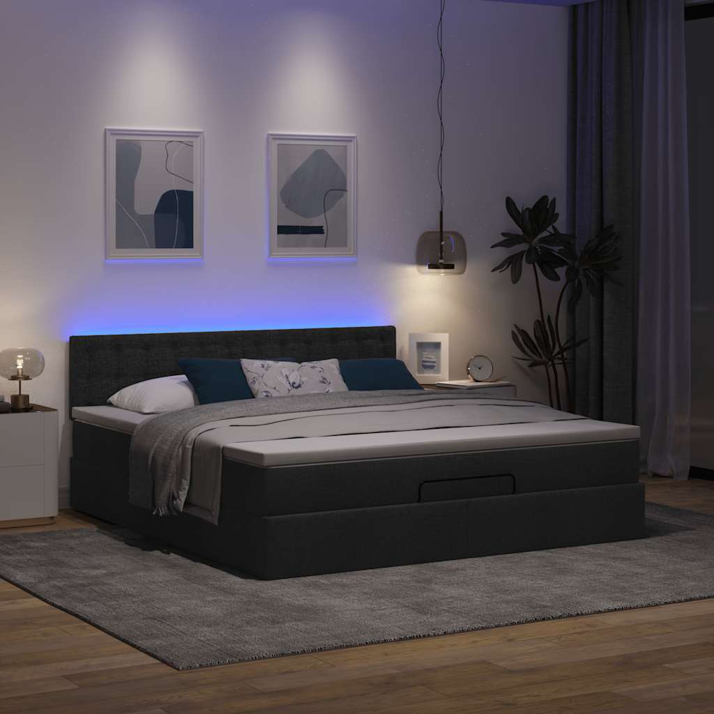 Οθωμανικό κρεβάτι με στρώμα & LEDs Μαύρο ύφασμα 160x200cm