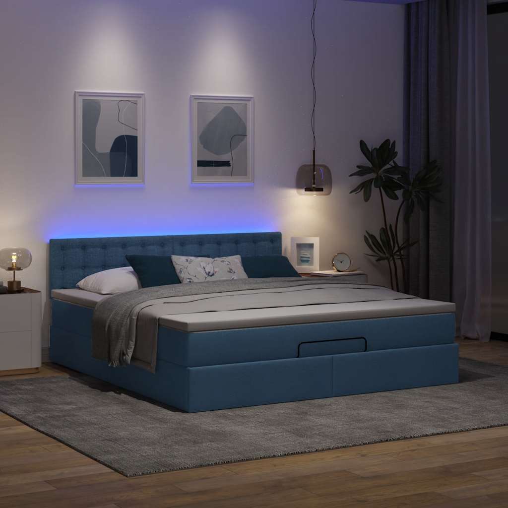 Οθωμανικό κρεβάτι με στρώμα & LEDs Μπλε 160x200cm ύφασμα