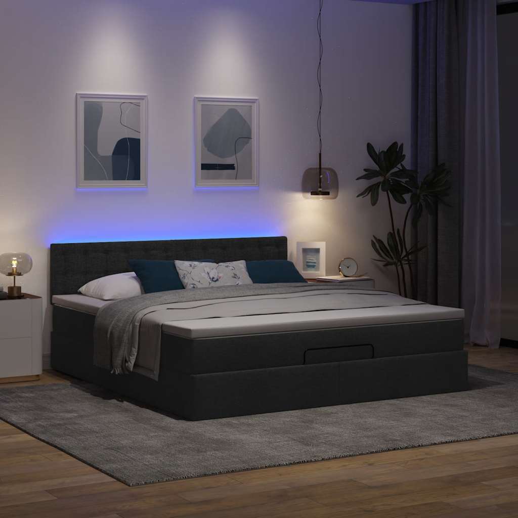 Οθωμανικό κρεβάτι με στρώμα & LEDs Μαύρο ύφασμα 180x200cm