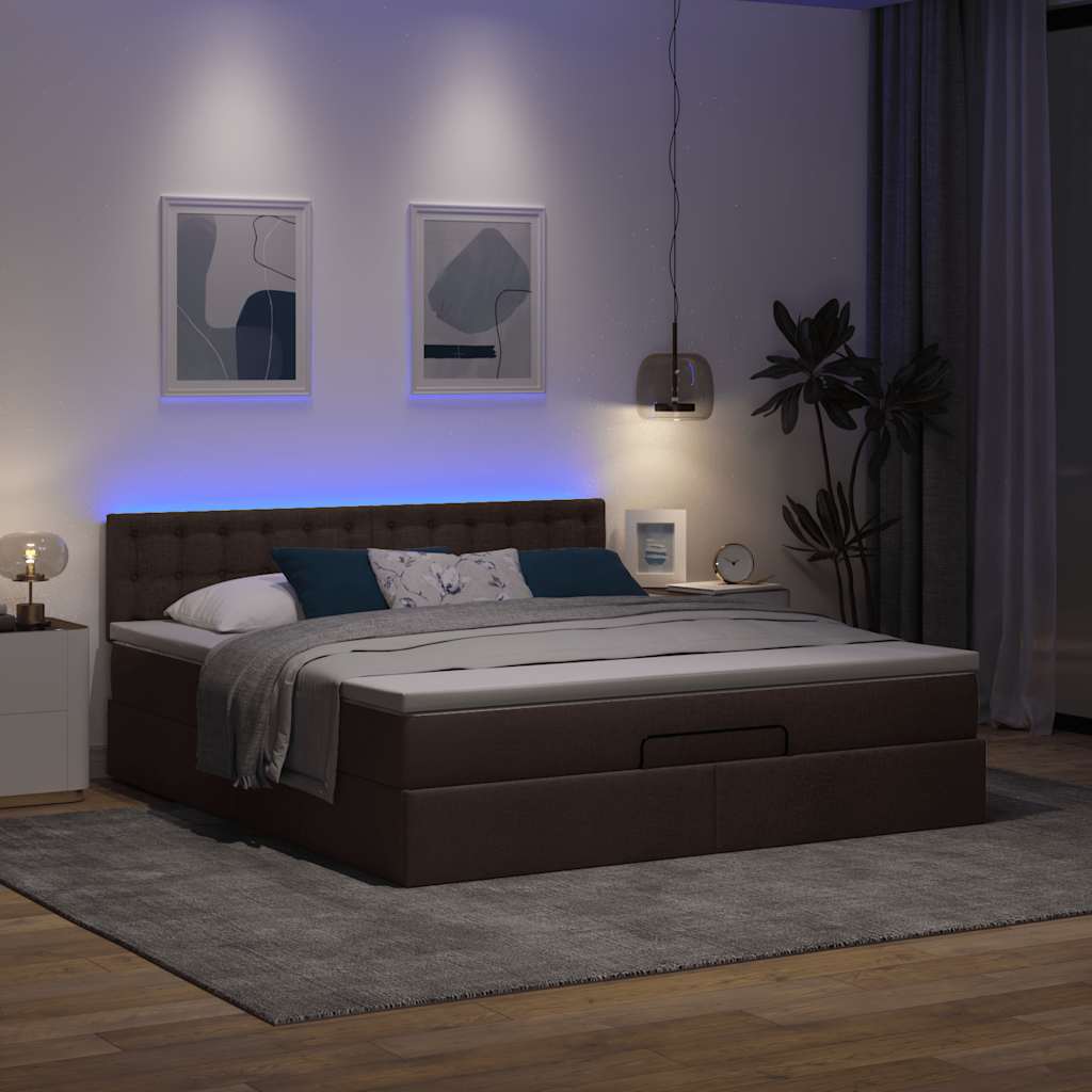 Οθωμανικό κρεβάτι με στρώμα & LEDs Σκούρο καφέ 180x200cm ύφασμα