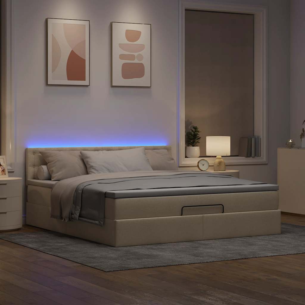 Οθωμανικό κρεβάτι με στρώμα & LEDs Cream 180x200cm ύφασμα