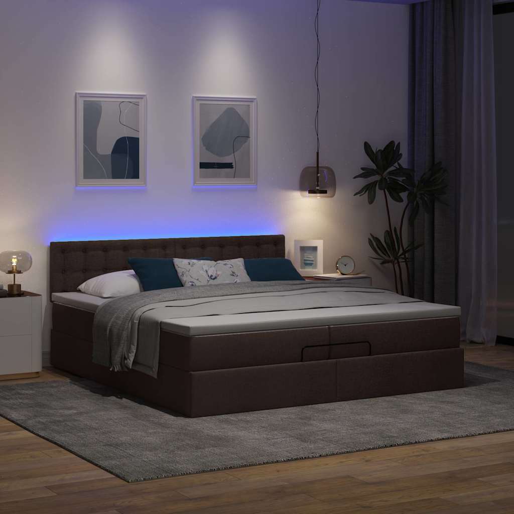 Οθωμανικό κρεβάτι με στρώματα&LEDs Σκούρο καφέ 200x200cm ύφασμα