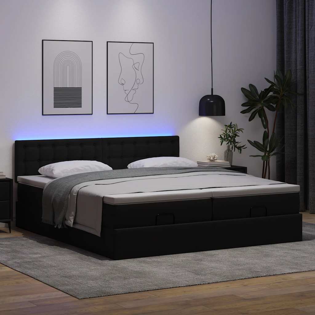 Οθωμανικό κρεβάτι με στρώματα & LEDs Μαύρο Faux Leather