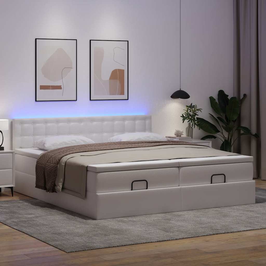 Οθωμανικό κρεβάτι με στρώματα&LEDs Λευκό 200x200cm Faux Leather