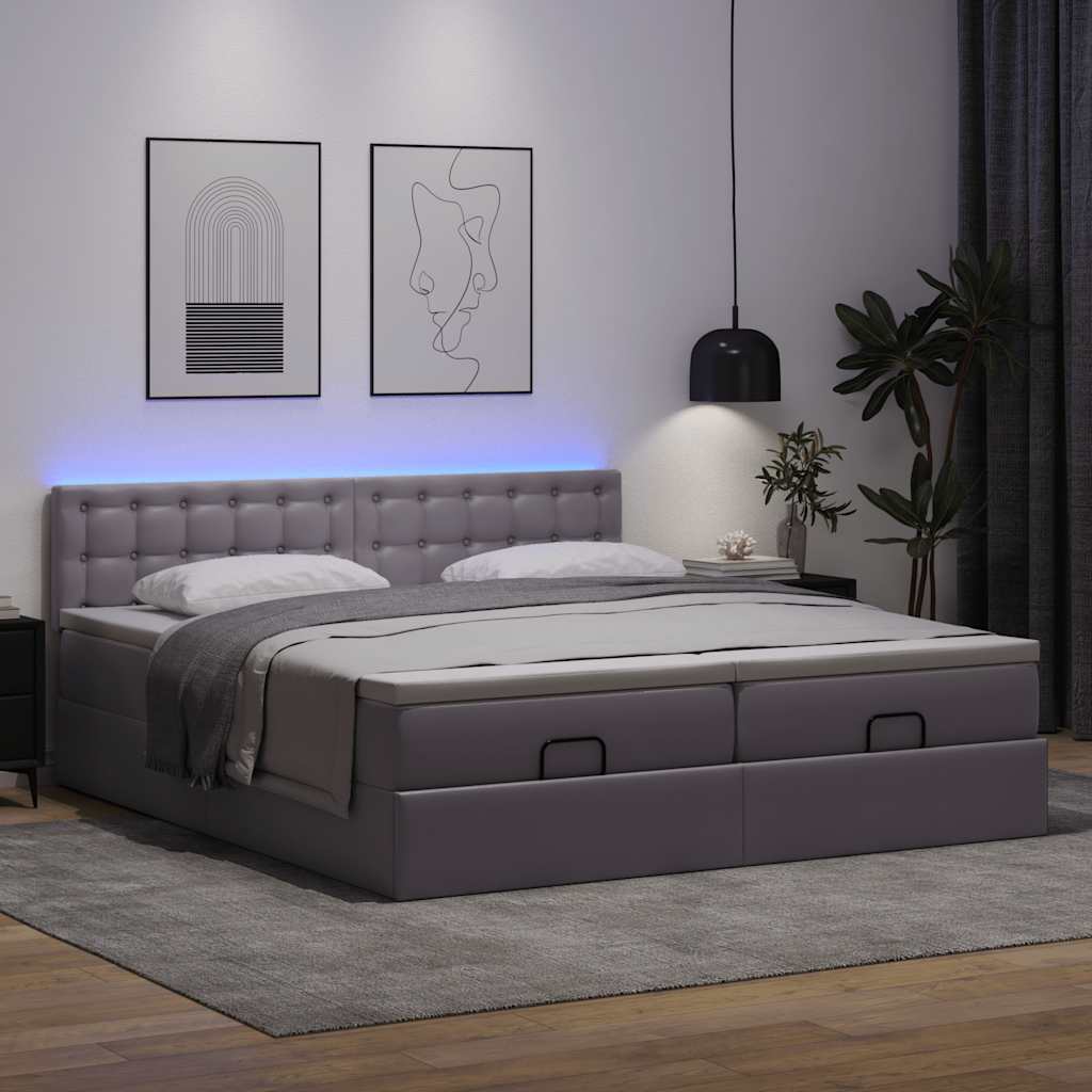 Οθωμανικό κρεβάτι με στρώματα & LEDs Γκρι Faux Leather