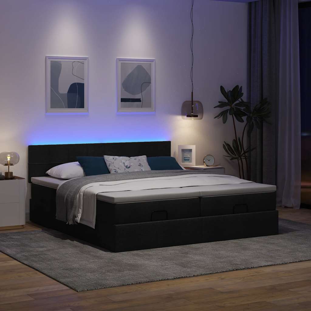 Οθωμανικό κρεβάτι με στρώματα & LEDs Μαύρο ύφασμα 160x200cm
