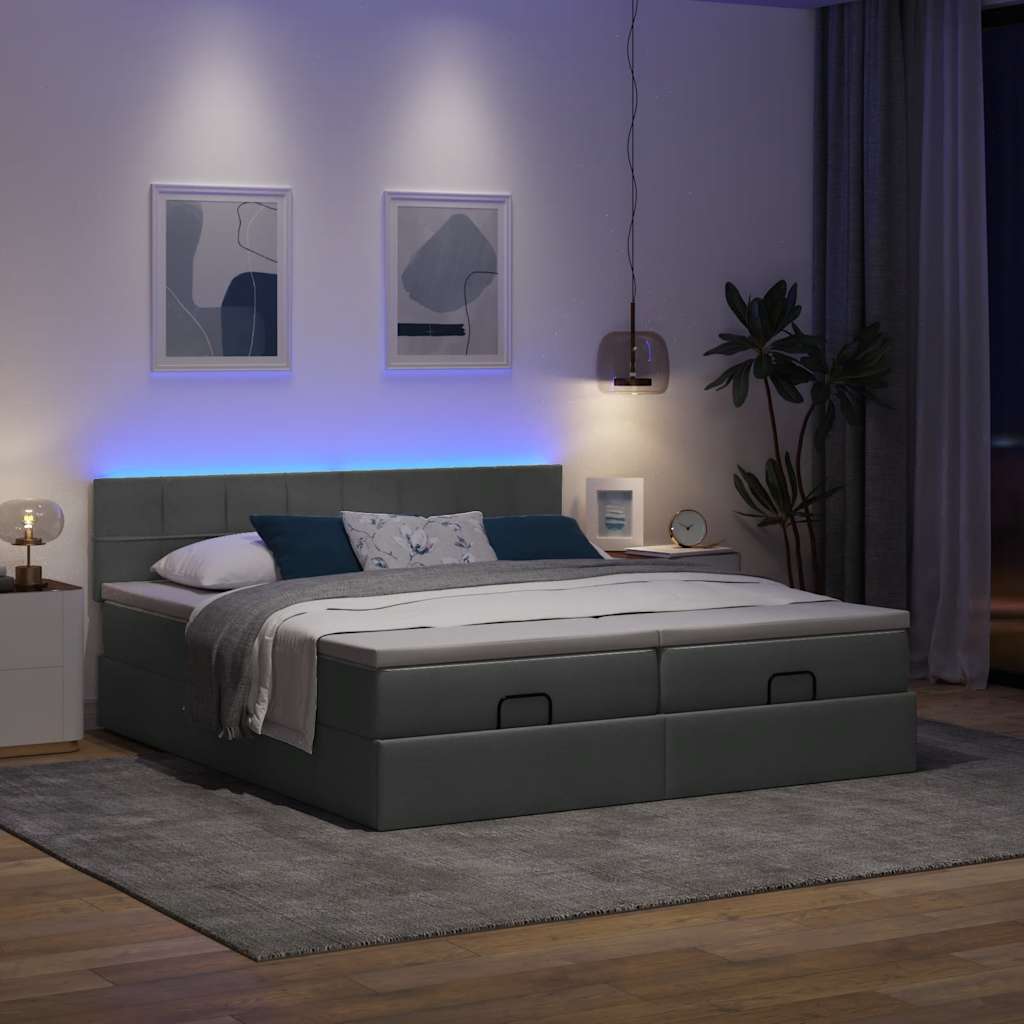 Οθωμανικό κρεβάτι με στρώματα&LEDs Σκούρο γκρι 180x200cm ύφασμα