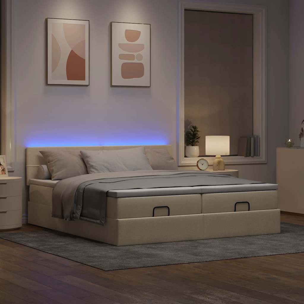 Οθωμανικό κρεβάτι με στρώματα & LEDs Κρέμα 180x200cm ύφασμα