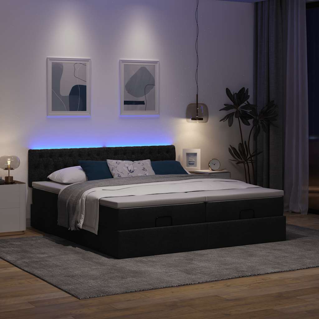 Οθωμανικό κρεβάτι με στρώματα & LEDs Μαύρο 200x200cm ύφασμα