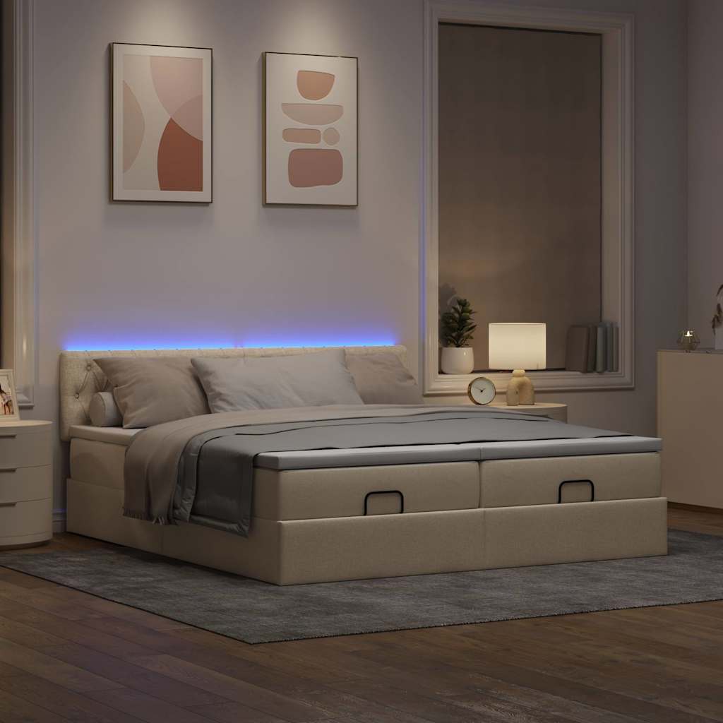 Οθωμανικό κρεβάτι με στρώματα & LEDs Κρέμα 200x200cm ύφασμα