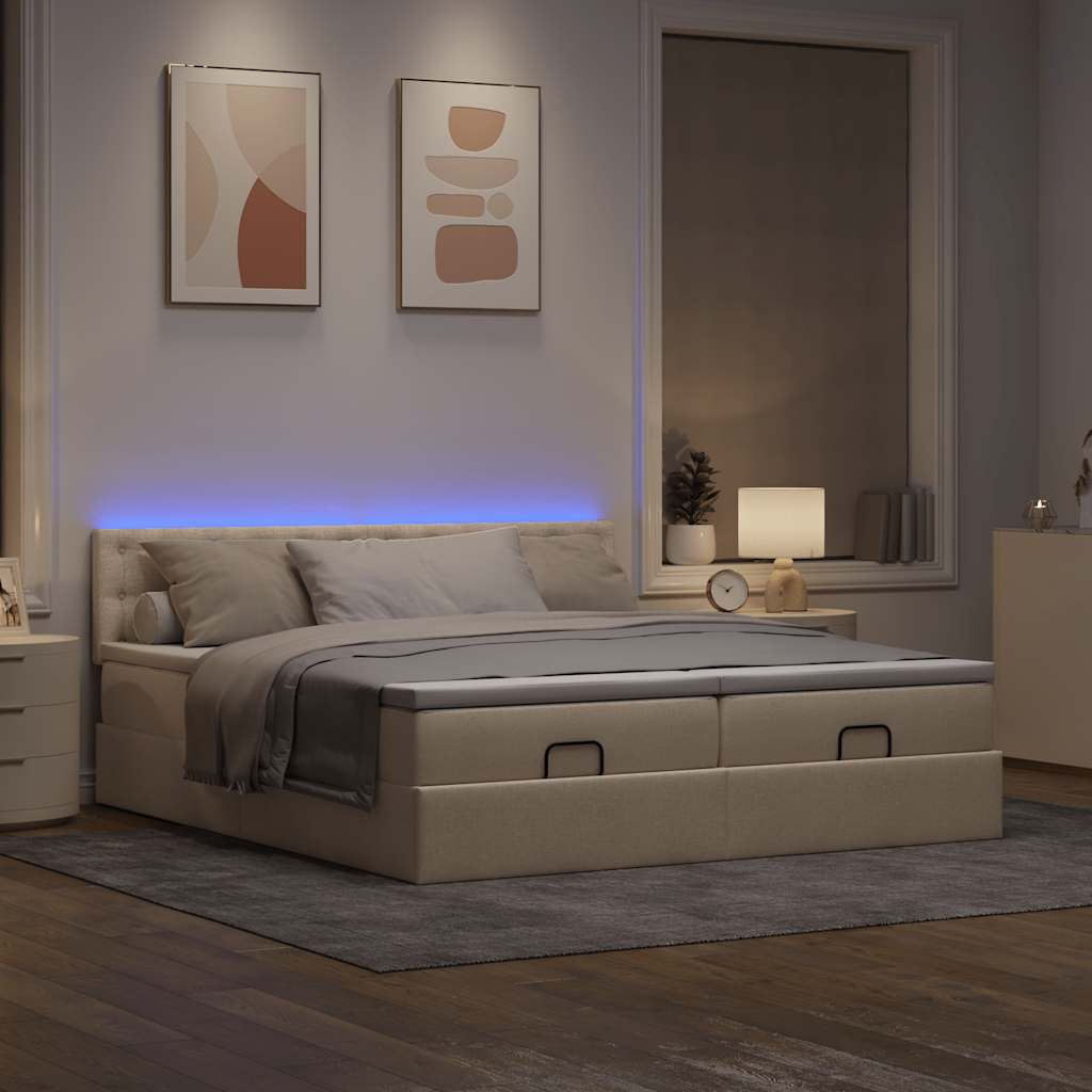 Οθωμανικό κρεβάτι με στρώματα & LEDs Κρέμα 180x200cm ύφασμα