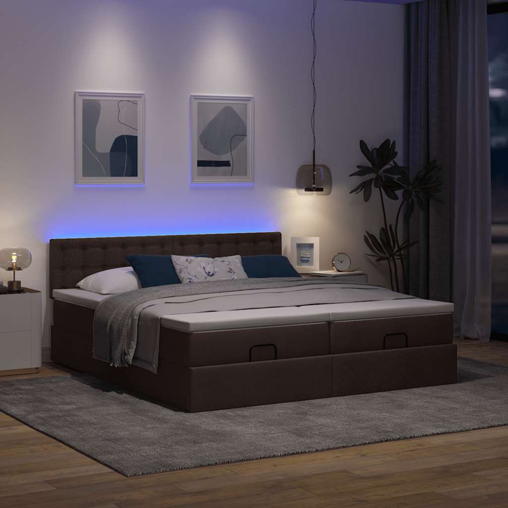 Οθωμανικό κρεβάτι με στρώματα&LEDs Σκούρο καφέ 200x200cm ύφασμα