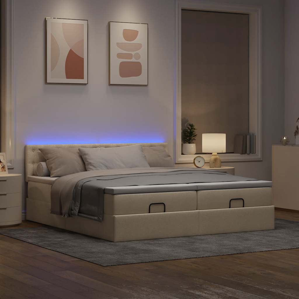 Οθωμανικό κρεβάτι με στρώματα & LEDs Κρέμα 200x200cm ύφασμα