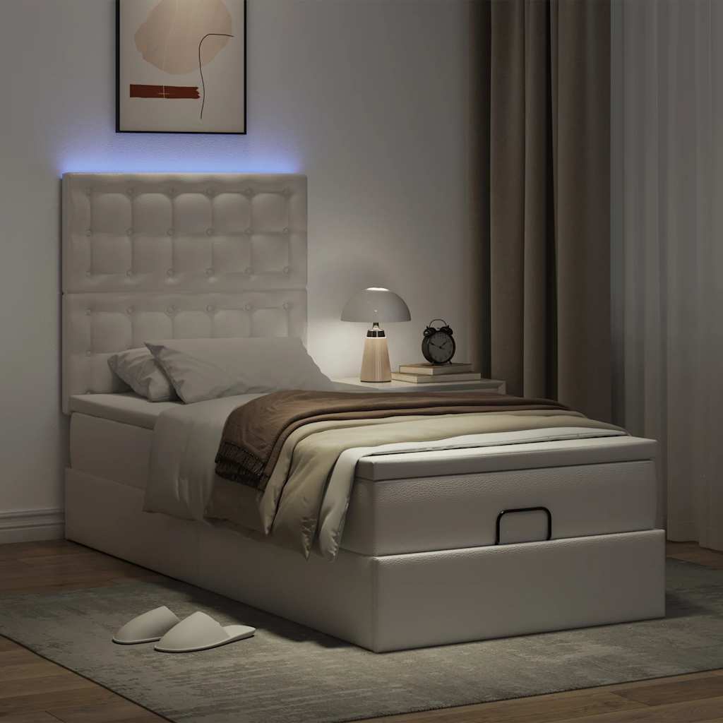 Οθωμανικό κρεβάτι με στρώμα & LEDs Λευκό 90x190cm Faux Leather