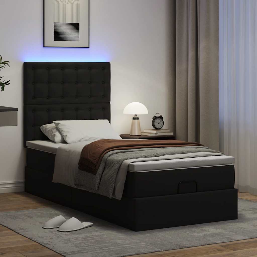Οθωμανικό κρεβάτι με στρώμα & LEDs Μαύρο 90x200cm Faux Leather