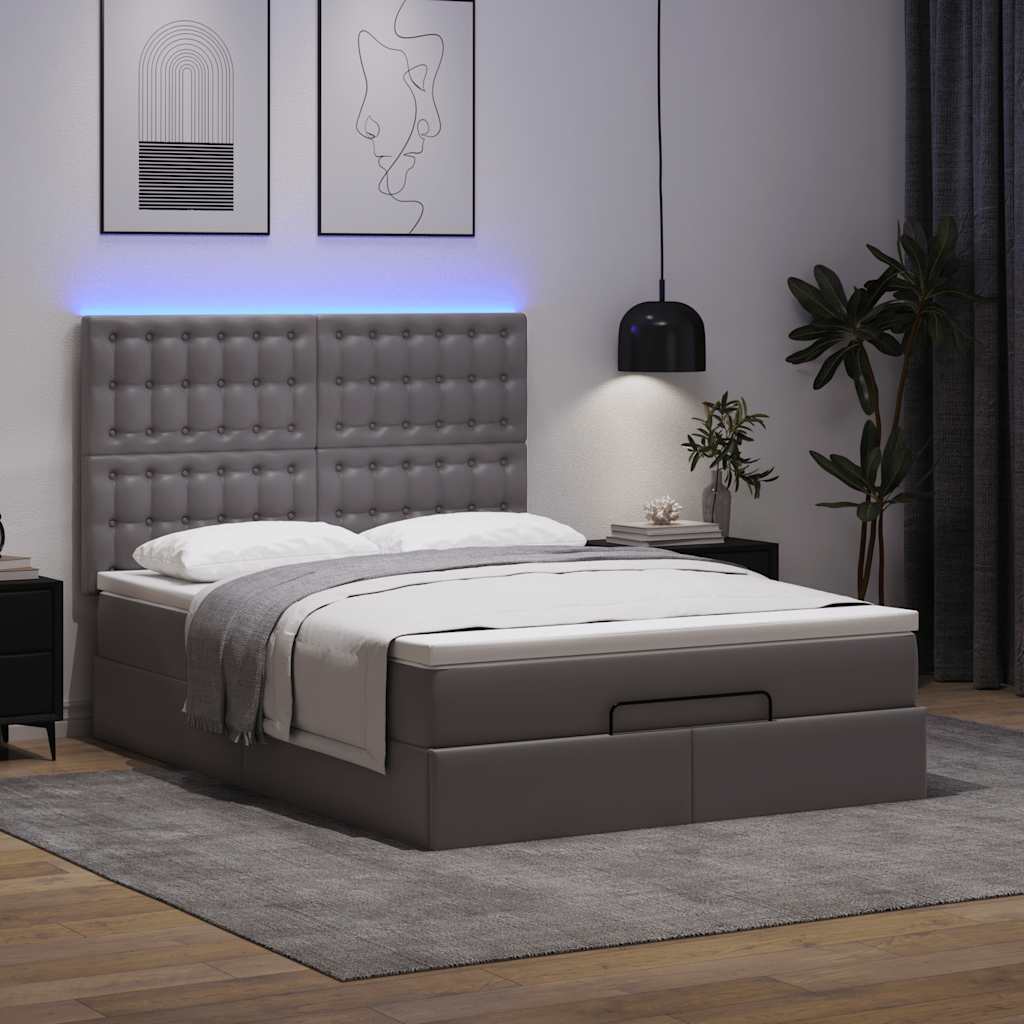 Οθωμανικό κρεβάτι με στρώμα & LEDs Grey 140x200cm Faux Leather