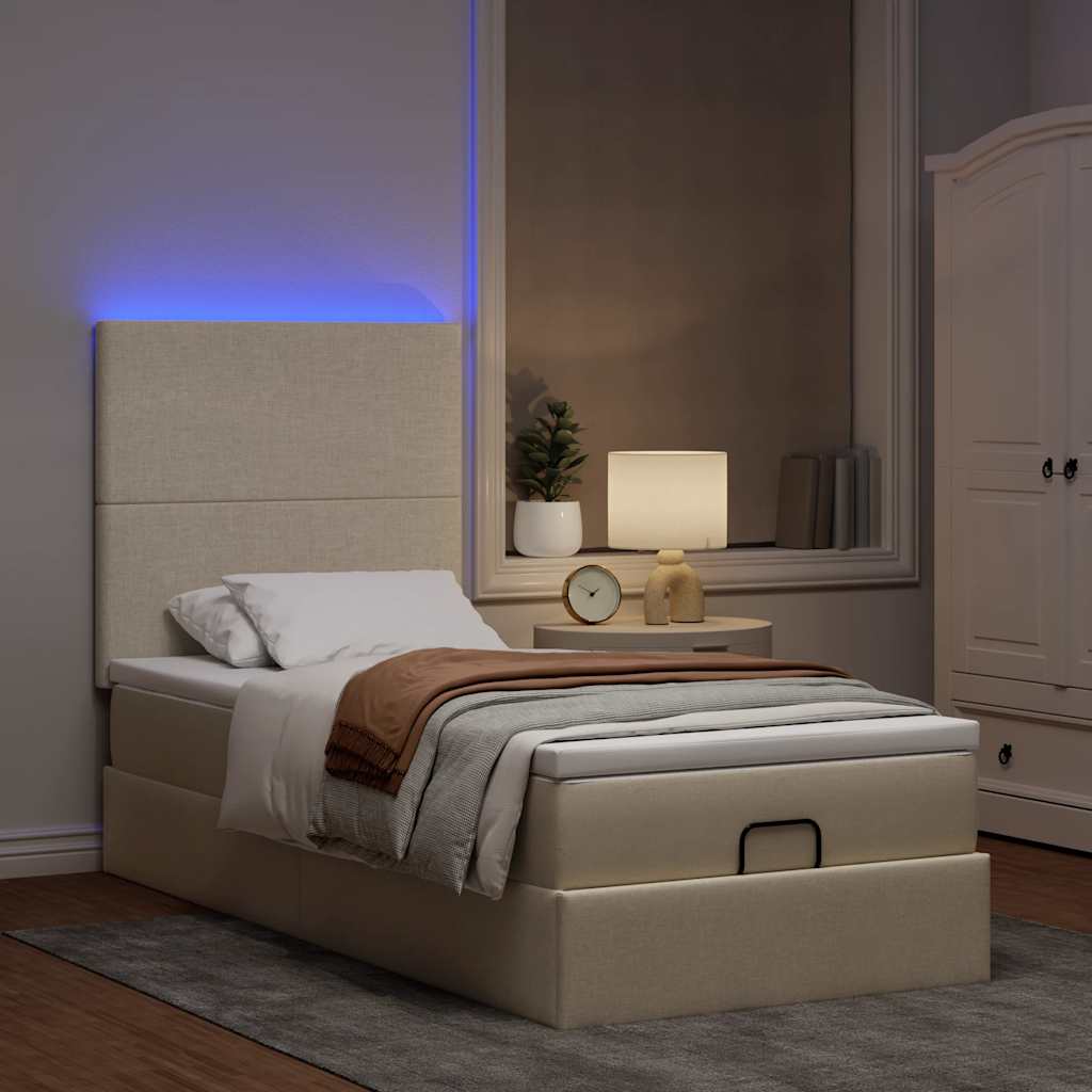 Οθωμανικό κρεβάτι με στρώμα & LEDs Cream 80x200cm ύφασμα