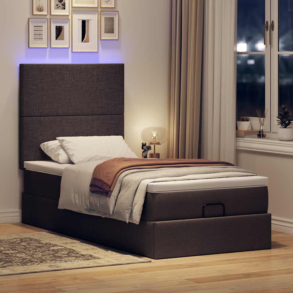 Οθωμανικό κρεβάτι με στρώμα & LEDs Σκούρο καφέ 90x190cm ύφασμα