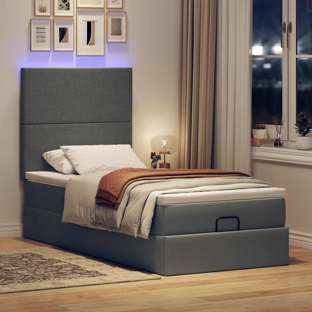 Οθωμανικό κρεβάτι με στρώμα & LEDs Σκούρο γκρι 90x200 cm Ύφασμα