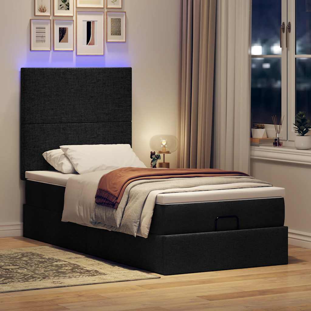 Οθωμανικό κρεβάτι με στρώμα & LEDs Μαύρο 90x200 cm Ύφασμα
