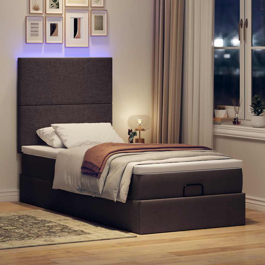 Οθωμανικό κρεβάτι με στρώμα & LEDs Σκούρο καφέ 90x200 cm Ύφασμα