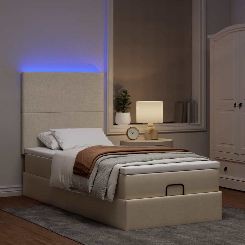 Οθωμανικό κρεβάτι με στρώμα & LEDs Cream 90x200 cm Ύφασμα