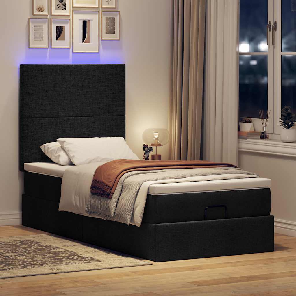 Οθωμανικό κρεβάτι με στρώμα & LEDs Μαύρο 100x200 cm Ύφασμα