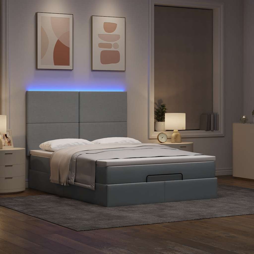 Οθωμανικό κρεβάτι με στρώμα & LEDs Ανοιχτό γκρι ύφασμα
