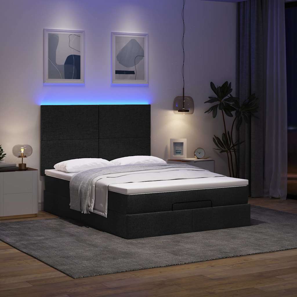 Οθωμανικό κρεβάτι με στρώμα & LEDs Μαύρο 140x200 cm Ύφασμα