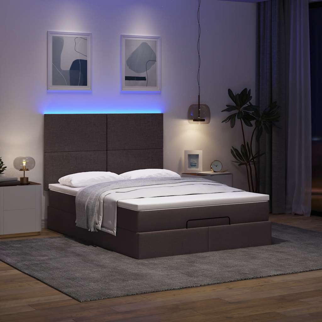 Οθωμανικό κρεβάτι με στρώμα & LEDs Σκούρο καφέ 140x200cm ύφασμα